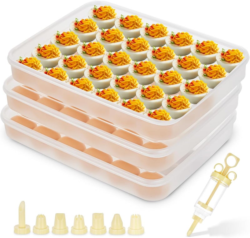 FACULX 3 Pack Deviled Egg Containers with Lid and 8 Pcs Deviled Egg Injector Piping Tool, Egg Organizer for Refrigerator, Fridge Stackable Countertop Portable Egg Platter (transparent-3 packs) - Image 1